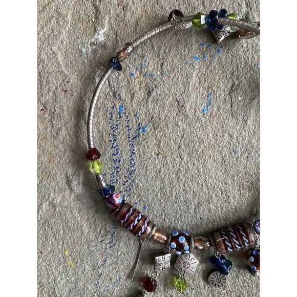 Collar Necklace Glass Beads Metallic Silver Tone Artisan Blue Brown Green - Picture 4 of 8